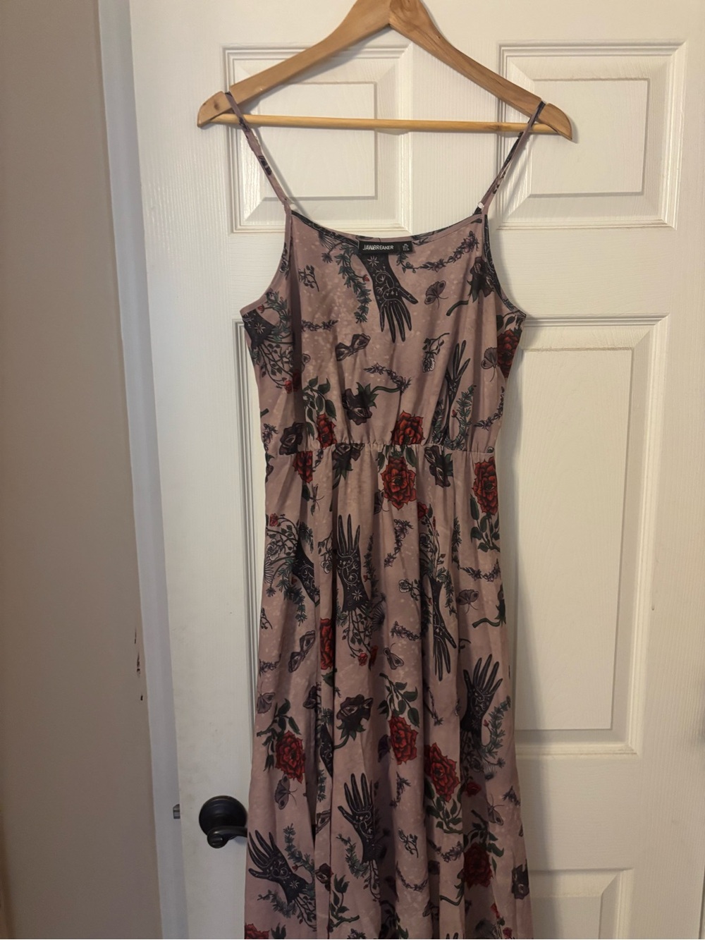 Spaghetti-Strap Maxi Dress in Mauve with Floral & Handprint Motif